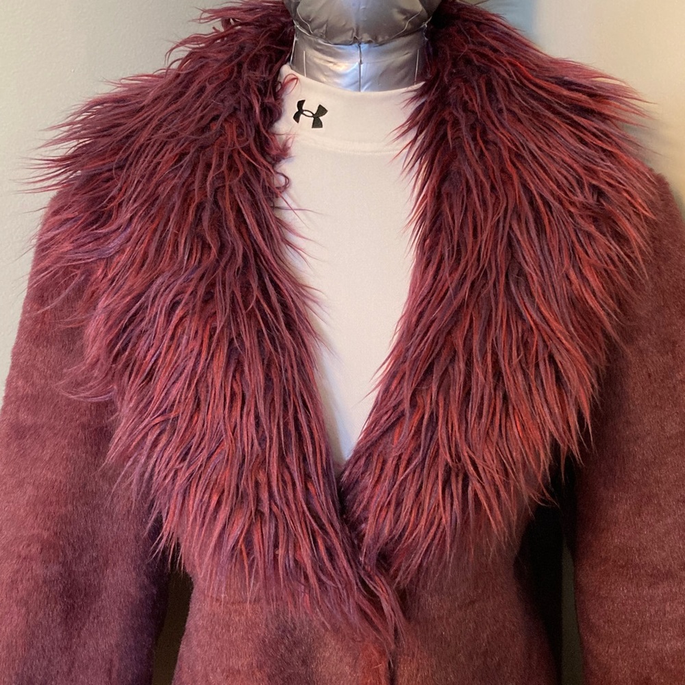 Long Reversible Teddy Coat in Burgundy with Faux Fur Trim - Picture 2 of 14